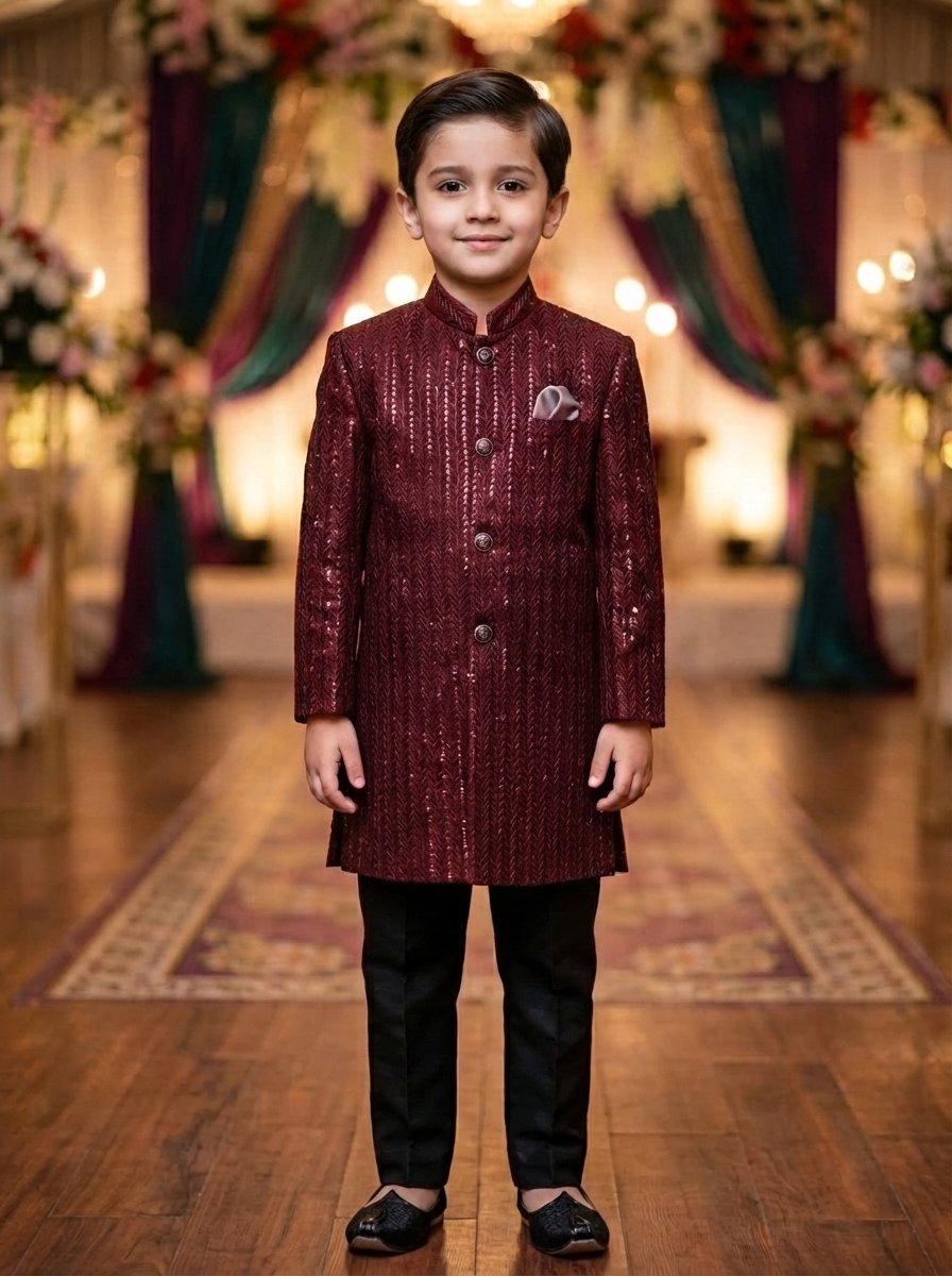 Mahroon Sequence Jamawar  Sherwani